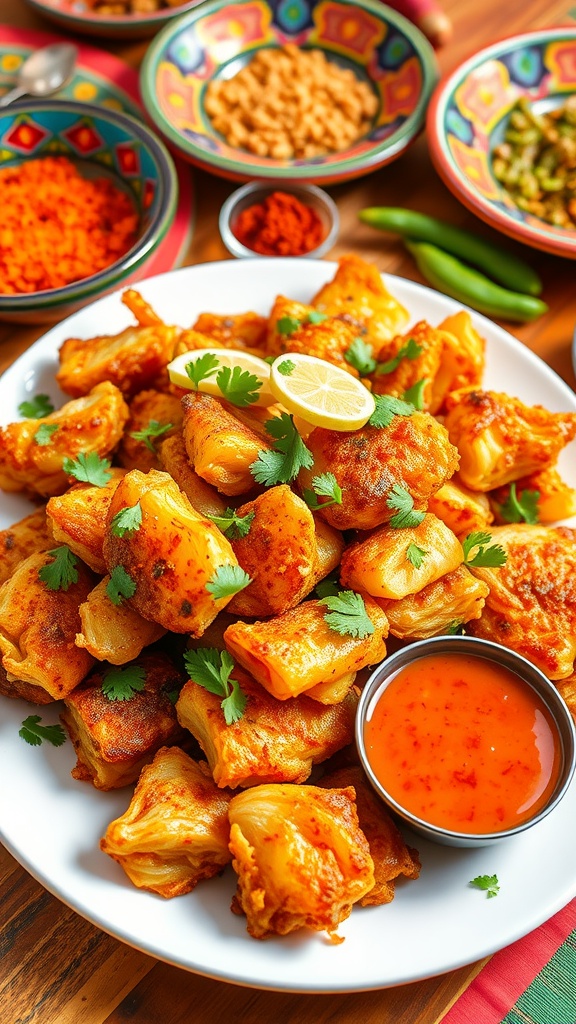 Crispy golden Cabbage 65 with coriander garnish on a plate, served with a spicy sauce.